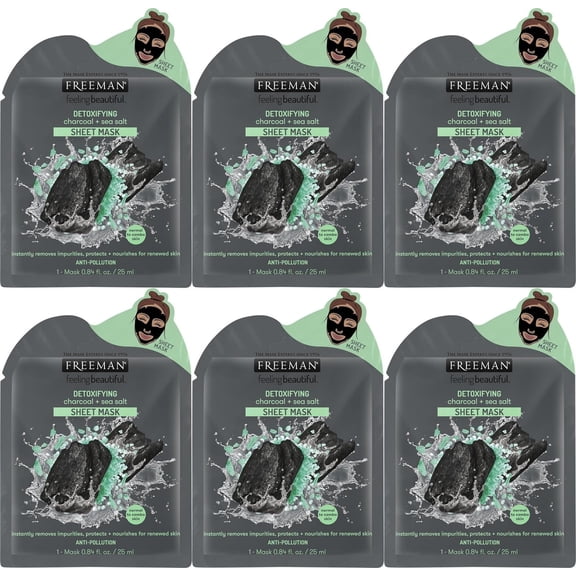 Freeman Feeling Beautiful Detoxifying Charcoal and Sea Salt Facial Sheet Mask, 0.84 Oz Pack of 6