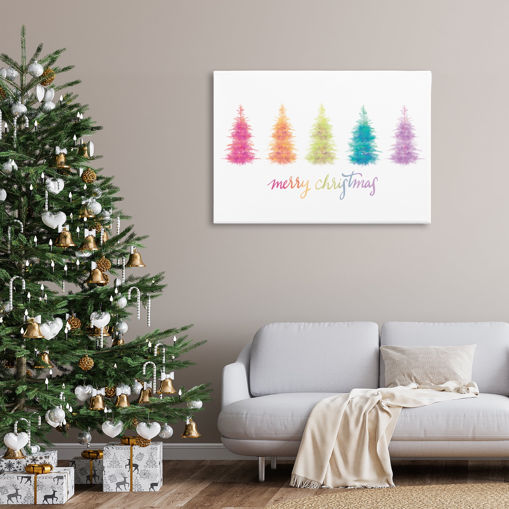 Stupell Industries Rainbow Christmas Trees Holiday Painting Gallery Wrapped Canvas Art Print Wall Art, 45 x 30
