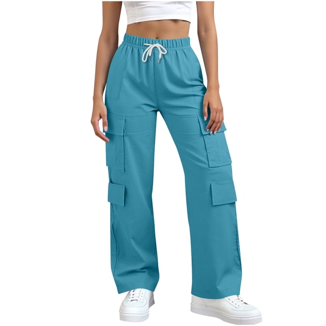 Pcksrro Cargo Pants for Women With Pockets High Waisted Casual Elastic Drawstring Work Pants Baggy Wide Leg Pant Trousers