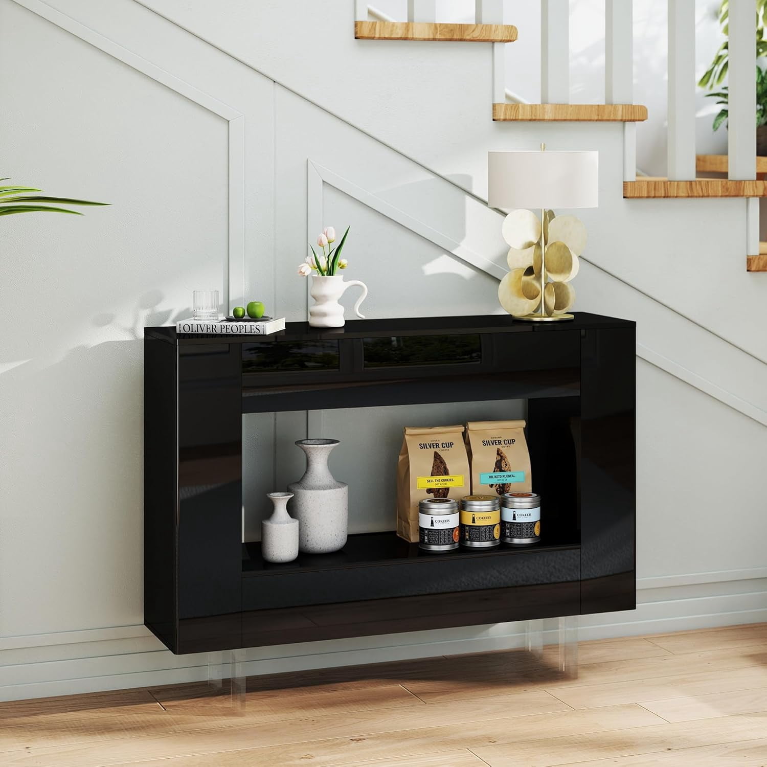 47-Inch Modern Black High Gloss Console Table with Hidden Side Storage Cabinets and Adjustable Shelves, Entryway Sofa Table