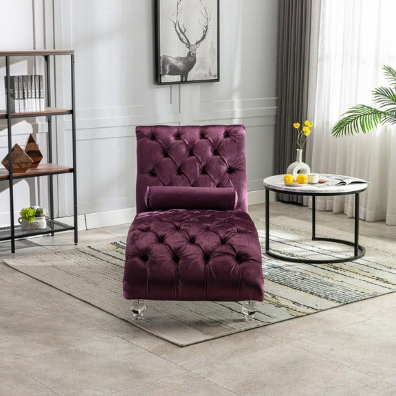 Velvet Chaise Lounge Indoor,Button-Tufted Upholstered Chaise Lounge Chair with Pillow for Bedroom Living Room Office (Purple Velvet)