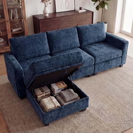 Convertible Modular Sectional Sofa Set Storage Couch Cloud-Like Comfort 2 Seat Sectional for Large Living Room Blue (3 Seats+ 1 Ottoman)