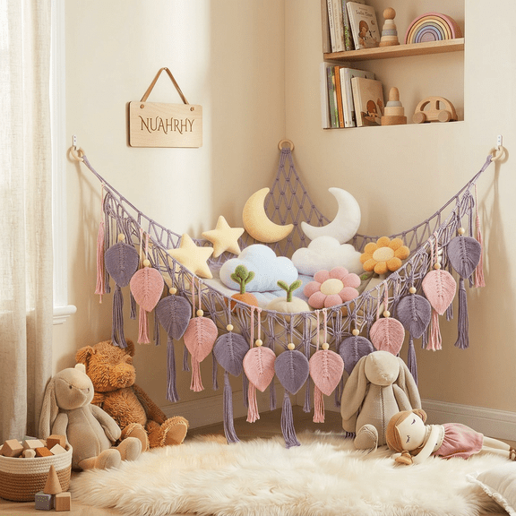 NUAHRHY Stuffed Animal Hammock Corner, Boho Toya Storage Net with Leaf Tassels, Large Hand-Woven Hanging Organizer for Plush Toys, Kids Room Nursery Decor
