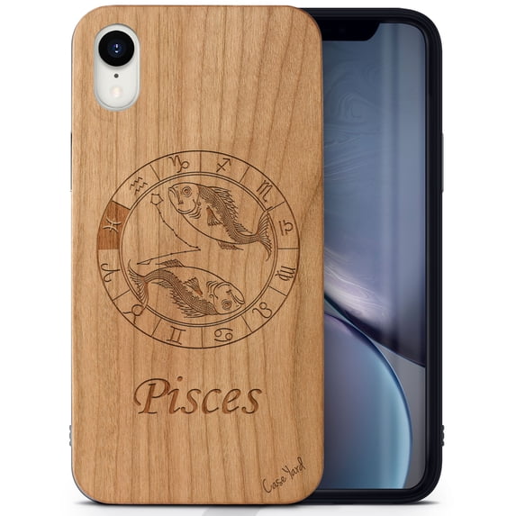Case Yard Wooden Case Outside Soft TPU Silicone, Slim Fit Shockproof Wood Protective Phone Cover for Girls Boys Men and Women, Supports Wireless Charging Pisces Sign Design case for iPhone-XR