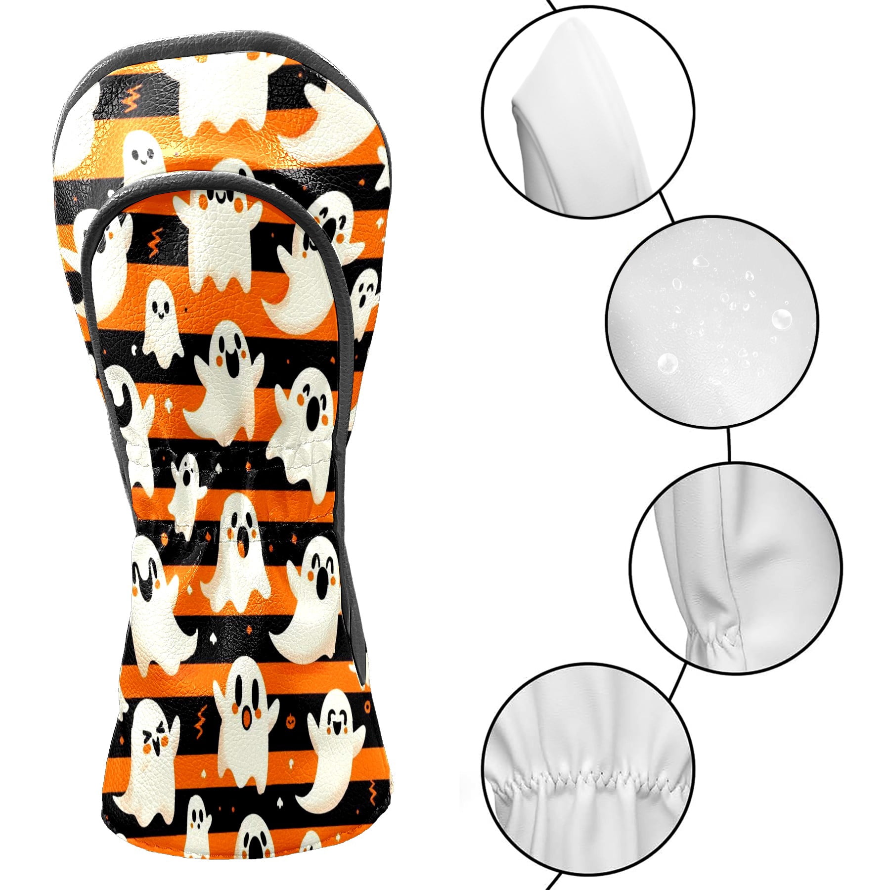 Golf Club Head Covers Orange Stripe Ghost Pumpkin for Driver and Fairway Woods, Premium PU Leather, Waterproof, Velvet Lining, Unisex Golf Gift