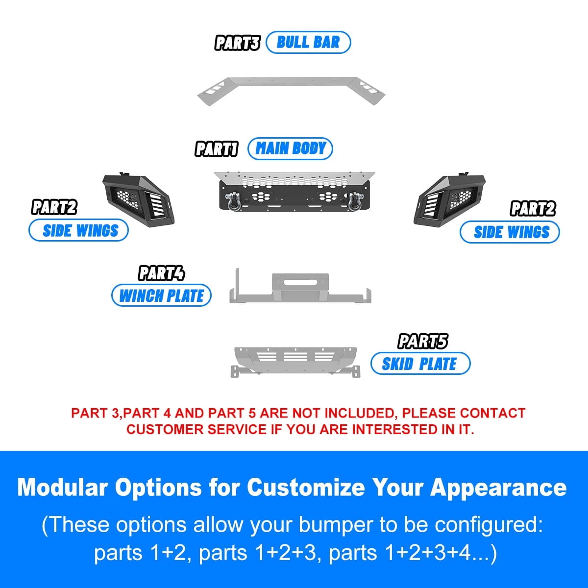 Modular 2 IN 1 Front Bumper + Side Wings For 2019-2024 Ram 2500 3500 Includes a set of 4" pod lights and D-Rings,w/Mounting Hole for Parking Sensors,w/Winch Cable Guide Hole