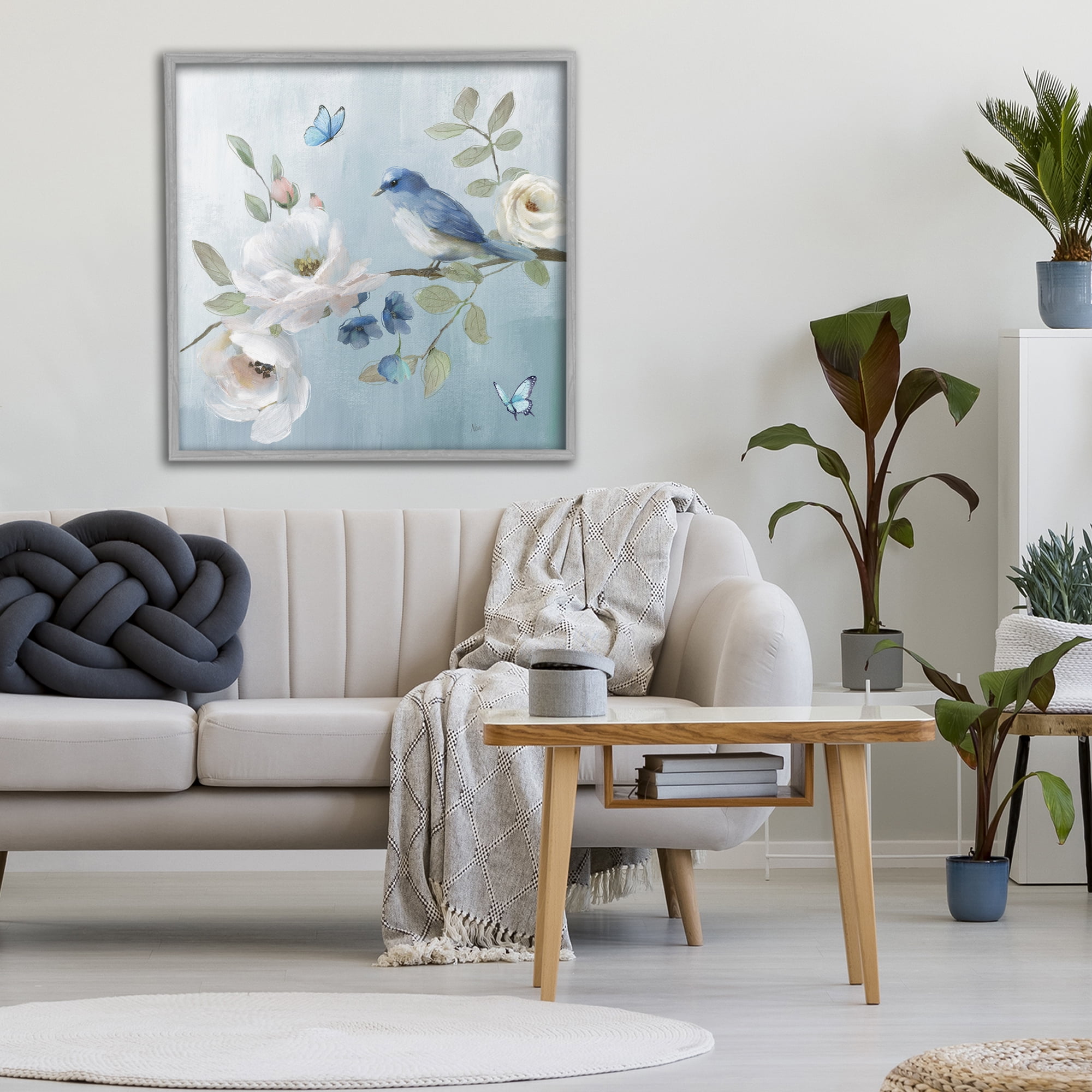 Stupell Industries Pastel Blue Bird Blooms Gray Framed Giclee Art, design by Nan