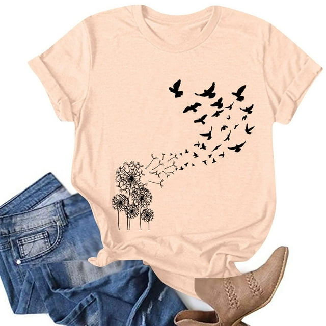 T-shirts Graphiques pour Femmes Mode Femmes T-Shirts Fantaisie Imprimés Pissenlit Coupe Ample Col Rond Manches Courtes Blouses Été Décontracté Hauts pour Dames