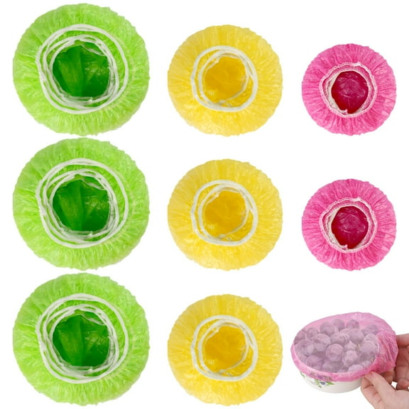 24 Pcs 3 Size Plastic Bowl Covers with Elastic Bulk Reusable Bowl Covers Disposable Food Storage Plastic Wrap for Leftovers Family Outdoor Picnic(Red, Yellow, Green)