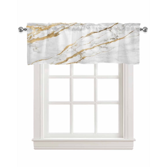 White Gold Kitchen Valances for Windows Farmhouse Linen Window Valance Curtain for Living Room Window Treatment Modern Abstract Marble Geometric Valance Rod Pocket Topper Drape, 60 x 18 Inch