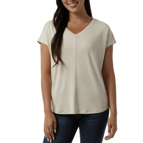 32 Degrees Cool Women's Soft Luxe Short Sleeve V-Neck Top (US, Alpha, X-Large, Regular, Regular, Pumice Stone (Tan))
