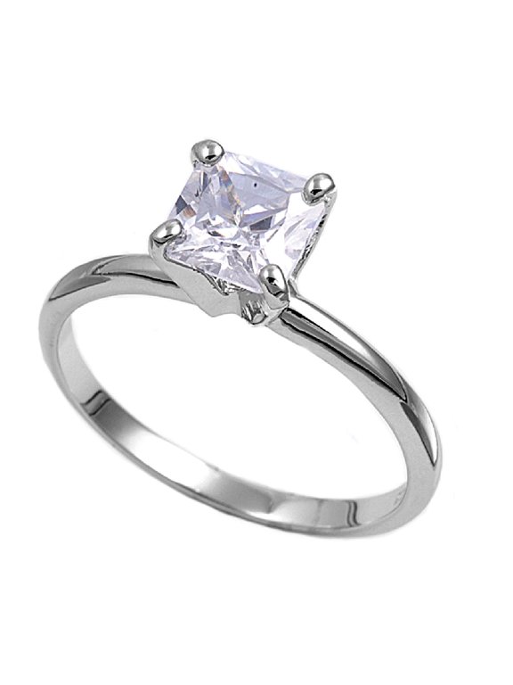 Solitaire Princess Cut Cubic Zirconia Ring Sterling Silver 925 Size 6