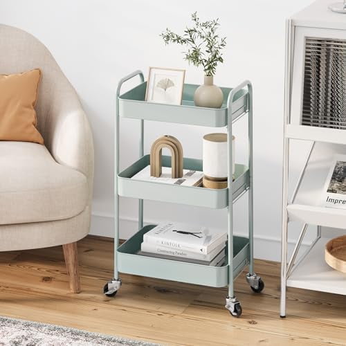 3-Tier Metal Rolling Cart with Wheels, Storage Utility Organizer Cart for Kitchen, Bathroom, Office, Baby Essentials & Makeup - Lockable Casters, Easy Assembly, Large Capacity, Green