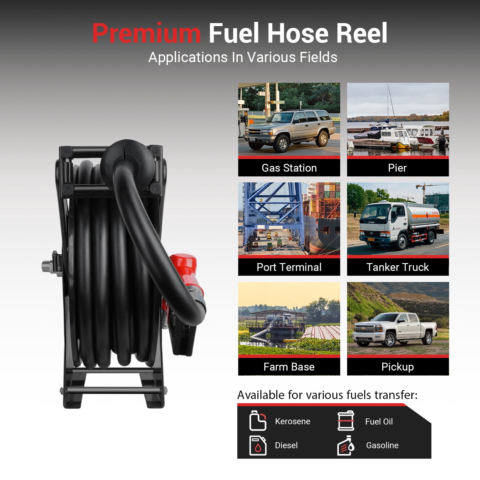 Fuel Hose Reel, 3/4" x 50', Retractable Diesel Hose Reel, Heavy-Duty Carbon Steel Construction with Automatic Fuel Nozzle, NBR Rubber Hose for Aircraft Ship Vehicle Tank Truck, 300 PSI, Black