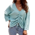 thumbnail image 3 of Women Drawstring Ruching Front V Neck Long Sleeve Waffle Top, 3 of 4