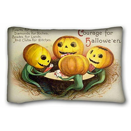 WinHome Cushion Cover Pillow Case Retro Vintage Halloween Pumpkin Lantern Play Poker Card Game Funny Image Zipper Sofa Size 20x30 Inches Two Side