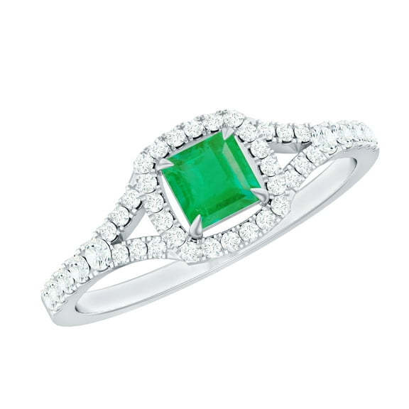 Rosec Jewels Natural Emerald Engagement Ring with Diamond for Women ( AAA Quality), 925 Sterling Silver, US 4.00
