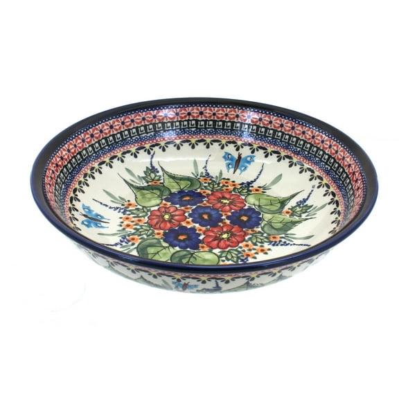 Blue Rose Polish Pottery Floral Butterfly Large Salad Bowl