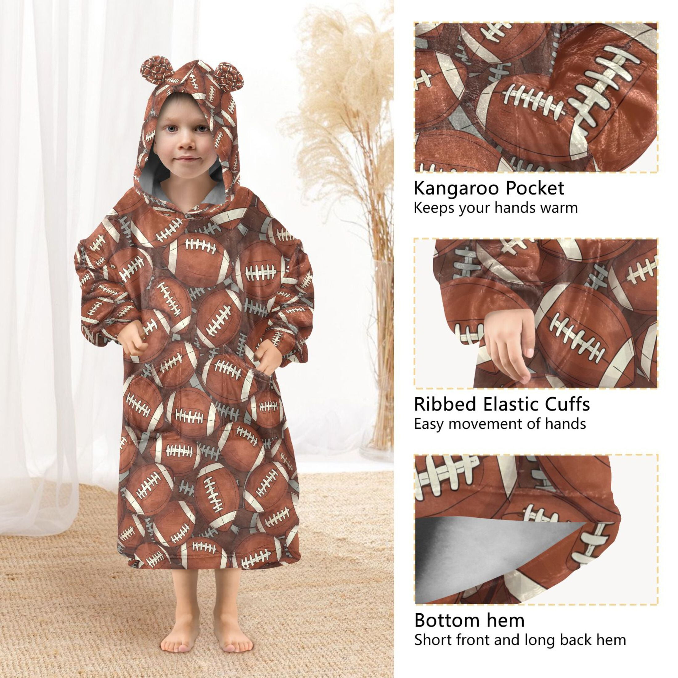 joogoo Wearable Blanket Football Rugby Ball Hoodie for Oversized Sherpa Hooded 3-14 YR M