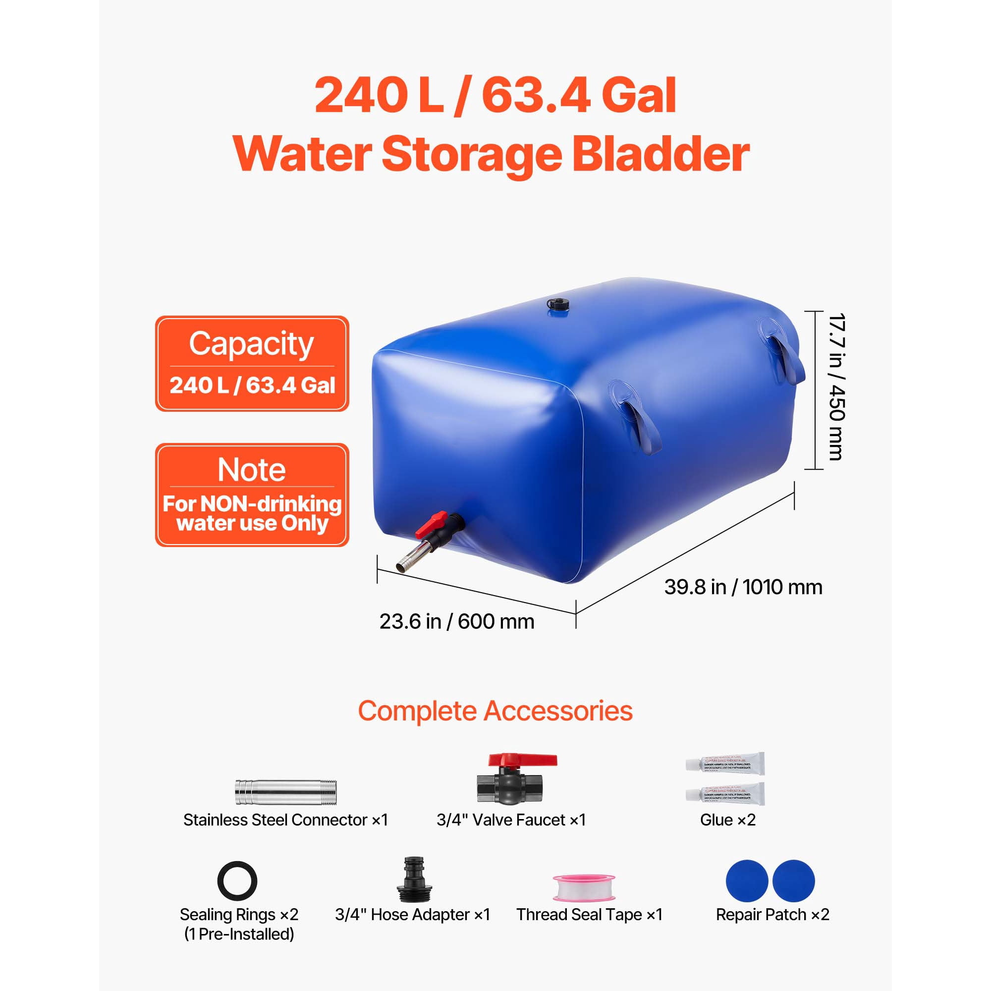 KFFKFF 63.4 Gallon Portable Water Storage Bladder, Collapsible PVC Water Container, Durable and Leak-Resistant Tank for Emergency, RV, Truck, and Outdoor Applications