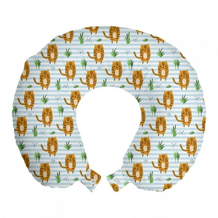 Nursery Travel Pillow Neck Rest, Baby Tigers on Horizontal Stripes Background Nursery Doodle Print, Memory Foam Traveling Accessory Airplane and Car, 12", Pale Blue and Persian Orange, by Ambesonne