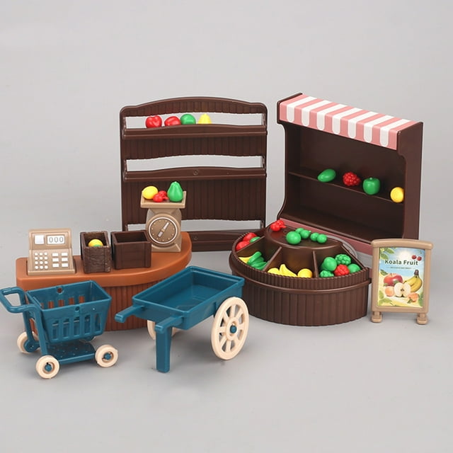 QIPOPIQ Mini Simulation Fruit Shop Set Mini Shop Mini House Play Children's Toys Simulated Cash Desk Simulated Fruit Stall Simulated Push Pull Cart Toys