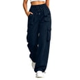 thumbnail image 2 of Cagogo Women Plus Size Wide Leg Cargo Pants Elastic Waist Casual Hiking Loose Long Pants with Pockets Outdoor Travel Trousers Summer Breathable Beach Work Clothes, Navy L, 2 of 9