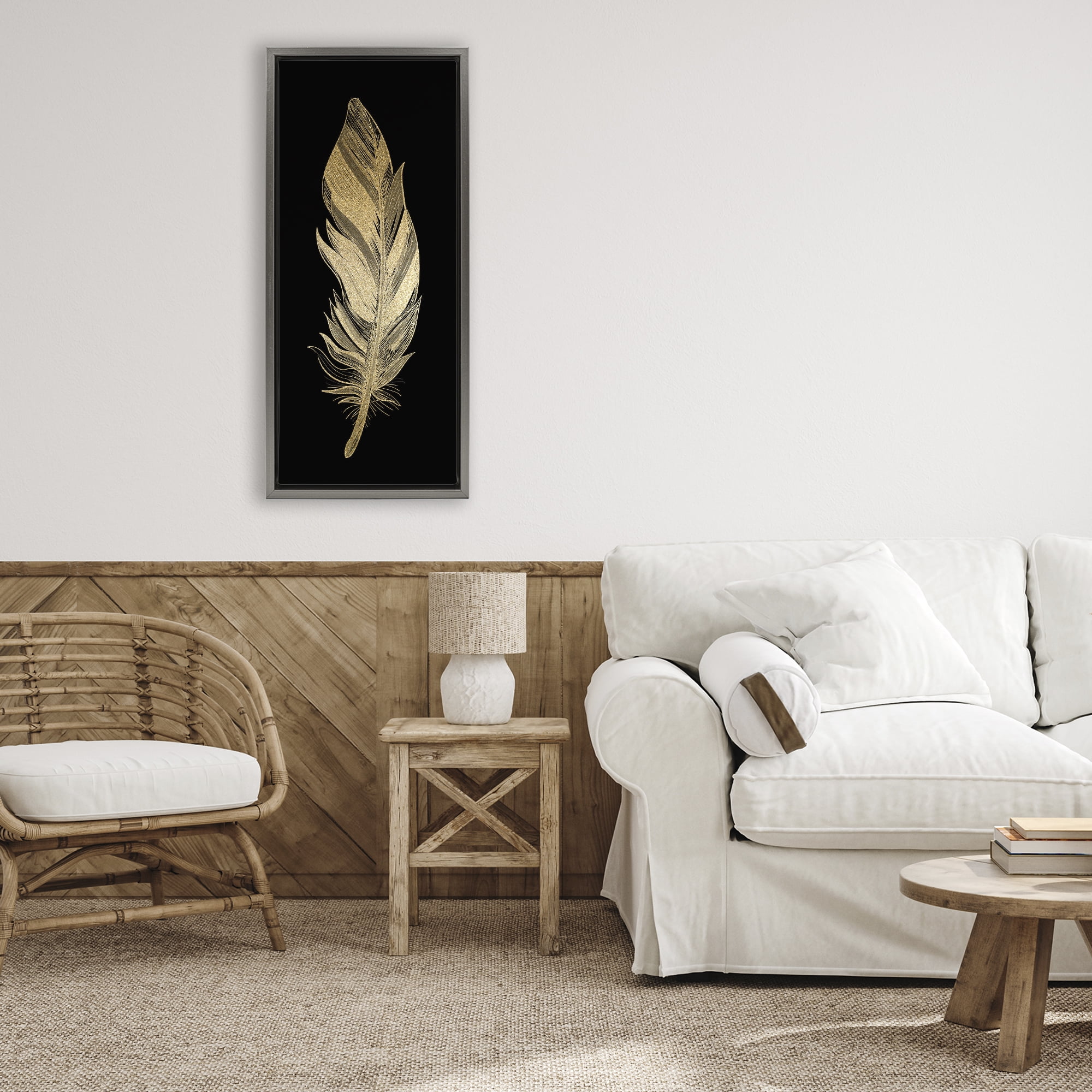 Glam Lined Feather Gray Framed Floater Canvas Wall Art, design by Kim Allen