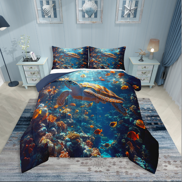 Erosebridal Sea Turtle Bedding Twin Comforter Set,Ocean Tortoise Down Comforter,Underwater World Decor,Reversible,Lightweight,2 Piece