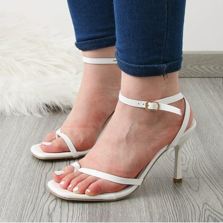 

uikmnh Women Shoes Fashion Summer Leather Solid Color Flip Flop Thin High Heel Buckle Sandals White 7