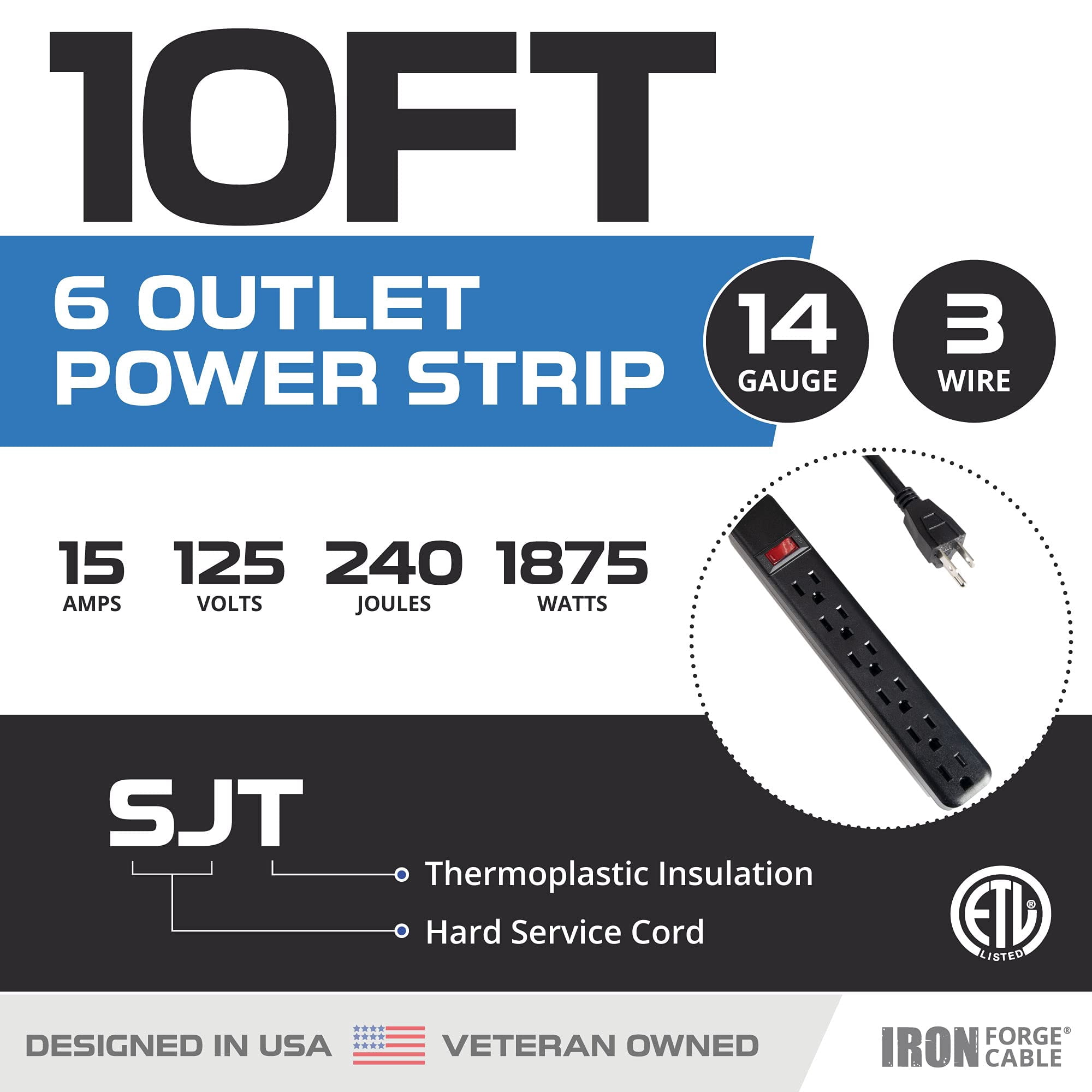 6 Outlet Surge Protector Power Strip - 14/3 SJT Black Surge Suppressor with 10 Foot Long Extension Cord, 15A/1875W, ETL Listed