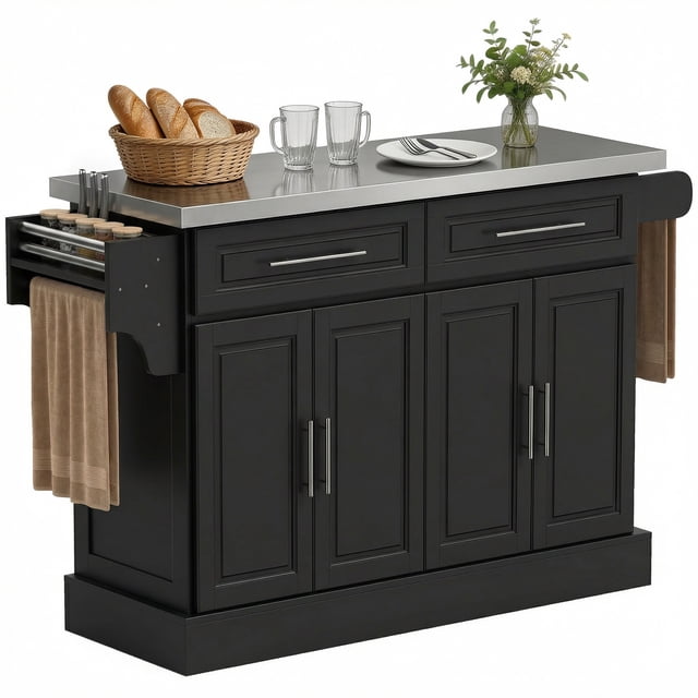 HOMCOM Îlot de Cuisine avec Dessus en Acier Inoxydable, 2 Tiroirs et 2 Armoires