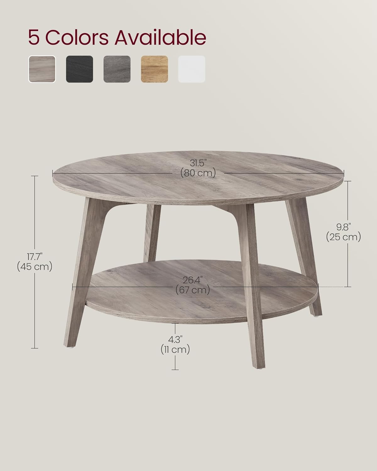 VASAGLE Round Coffee Table, 2 Tier Coffee Table with Storage, for Living Room, 31.5 x 17.7 Inches, Easy to Assemble, Heather Greige