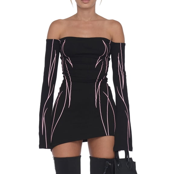 LMLYSoH Women´s Bodycon Mini Dress, Gothic Printed Off Shoulder Long Sleeve Black Club Dress