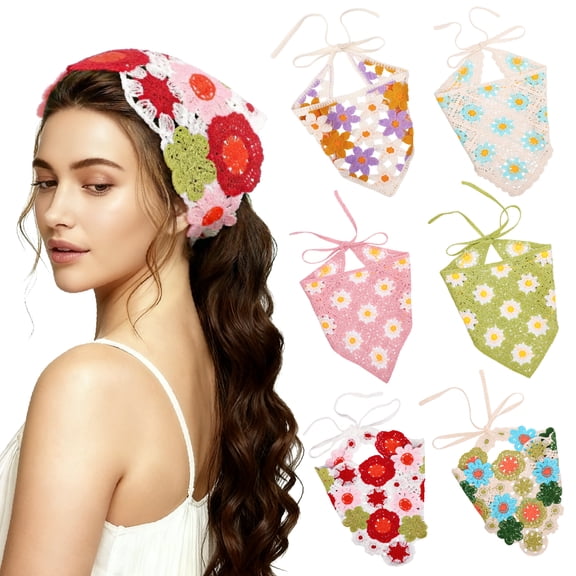 Bocaoying 6-Pack Cute Crochet Headband, Floral Hair Scarf, Bohemian Triangle Bandana Set for Women, Daily Styling, Photography, Outdoor, Travel, Sun Protection, 20" x 10.6"
