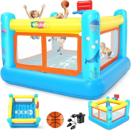 Adnoom Bounce House for Kids 3-6, PVC Inflatable Bounce House with Basketball Hoop, Indoor Bouncy House with Blower, Outdoor Jumping Castle with Game Map & Basketball