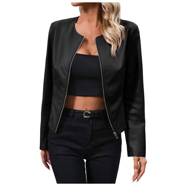 Manteau à Fermeture Éclair Solide pour Femmes Veste en Cuir PU