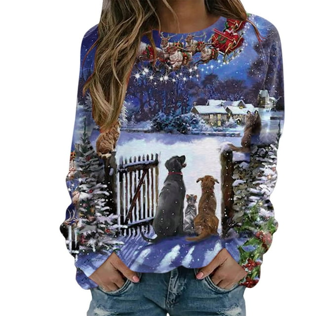 Chandail en Molleton de Noël pour Femmes Imprimé Mode Chandail à Manches Longues Fermeture Cardigan Vacances Xmas Veste Mi-Longue Col Rond Chandail Chaud