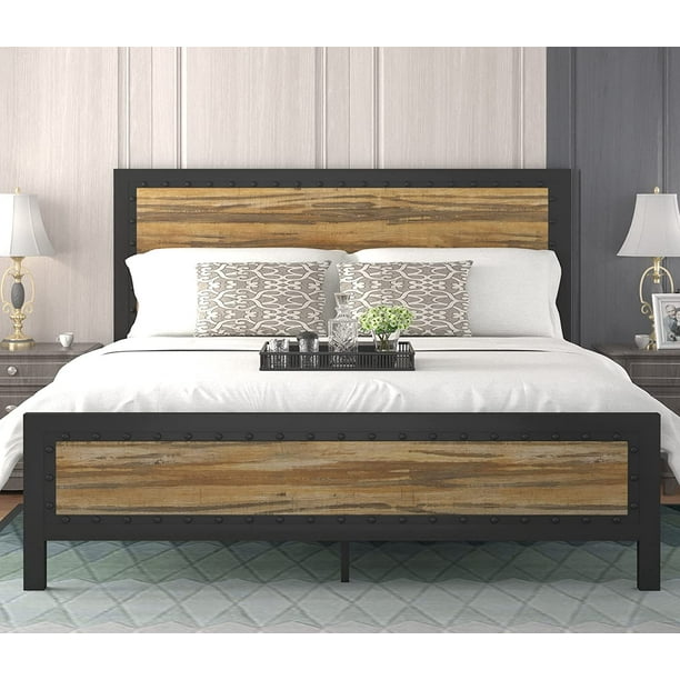 Sha Cerlin Queen Heavy Duty Metal Platform Bed Frame with Rivet Wood