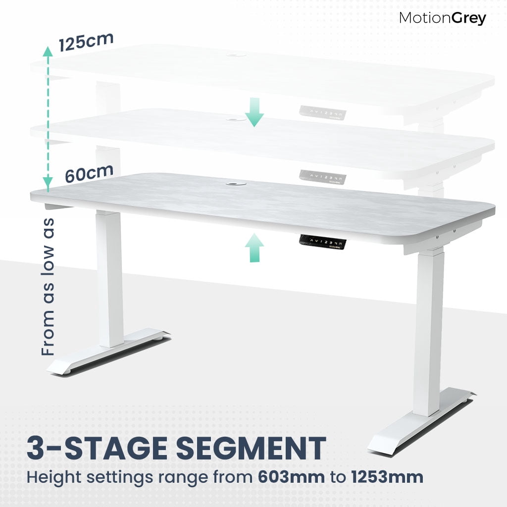 MotionGrey Height Adjustable German Electric Dual Motors Sit to Stand Office Standing Desk - White Frame with White Top (165cmx60cmx2.5cm)