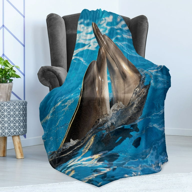 Dolphin Soft Flannel Fleece Blanket Aqua Show Pair of Dolphins Dancing in the Pool Animal Family Tenderness Love Cozy Plush for Indoor and Outdoor