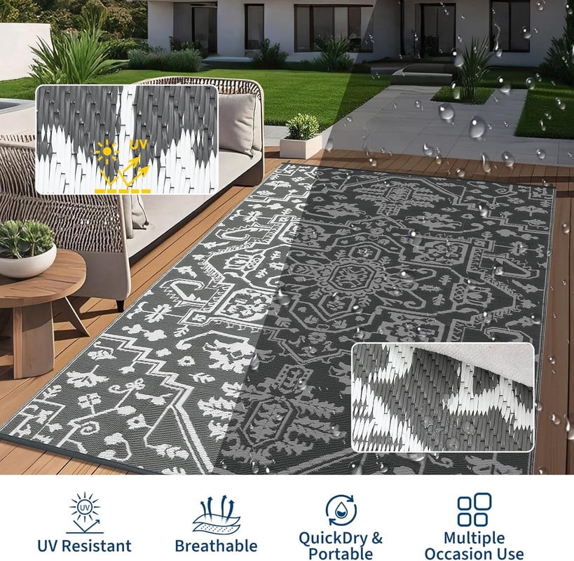 Waterproof Outdoor Rug 9x18 Reversible Plastic Straw Patio Rug, Stain-Resistant Vintage Medallion Carpet, Large Indoor Outdoor RV Mat for Deck, Camping, Balcony, Grey White