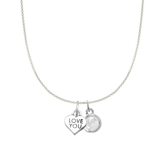 Precious Stars Sterling Silver Love You Heart and April Birthstone Charm Necklace