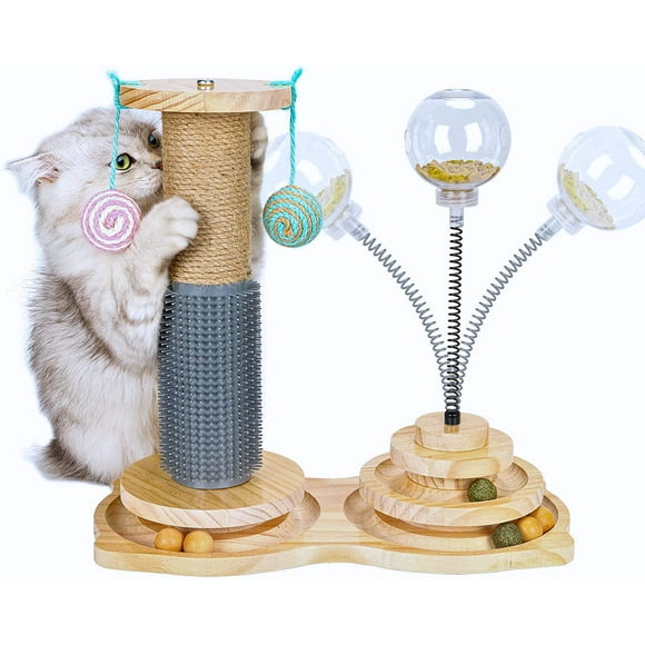 UT CASA Interactive Cat Toy for Indoor, 2 Tiers Wooden Ball Track with sisal Rope Scratcher, self Groomer, Interactive T