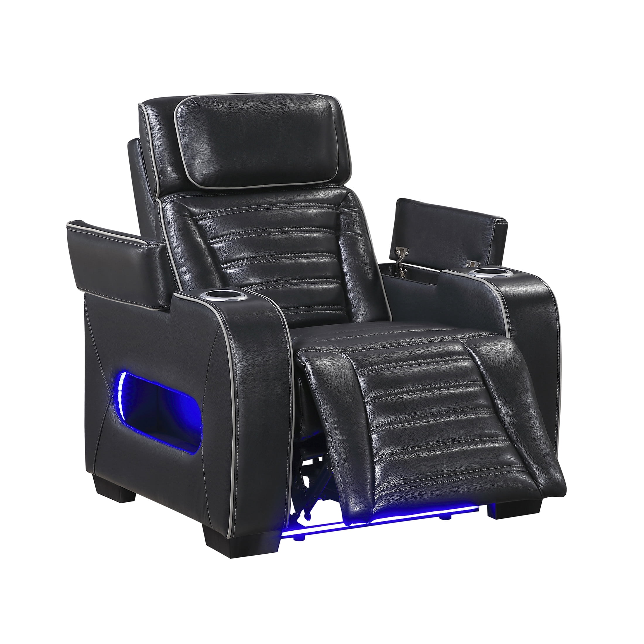OakvillePark Elantra Leather Match Power Reclining Chair with Power Headrest/Cup holder/Storage Arms/Air Massage/Heat/LED Lighting and Charging Port, Black