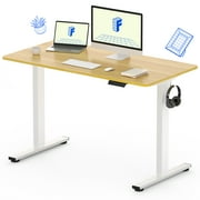 FitStand 48x30 Home Office Height Adjustable Ergonomic Electric Standing Desk with Hooks, Stand Up Computer Desk, White and Maple