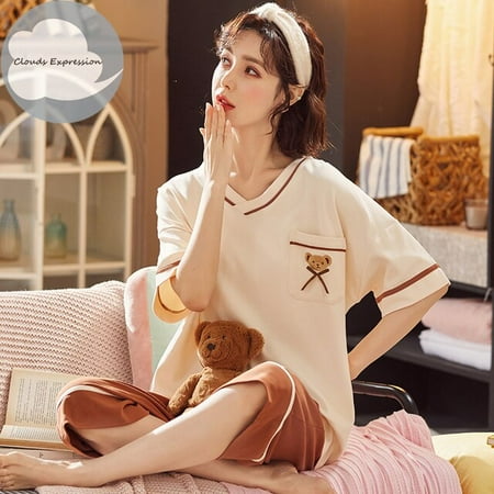 

QWZNDZGR Brand New Knitted Cotton Summer Short Sleeved Plus Size M-5XL Women Pajamas Set Pyjamas Women Sleepwear Cute Cartoon Pijamas