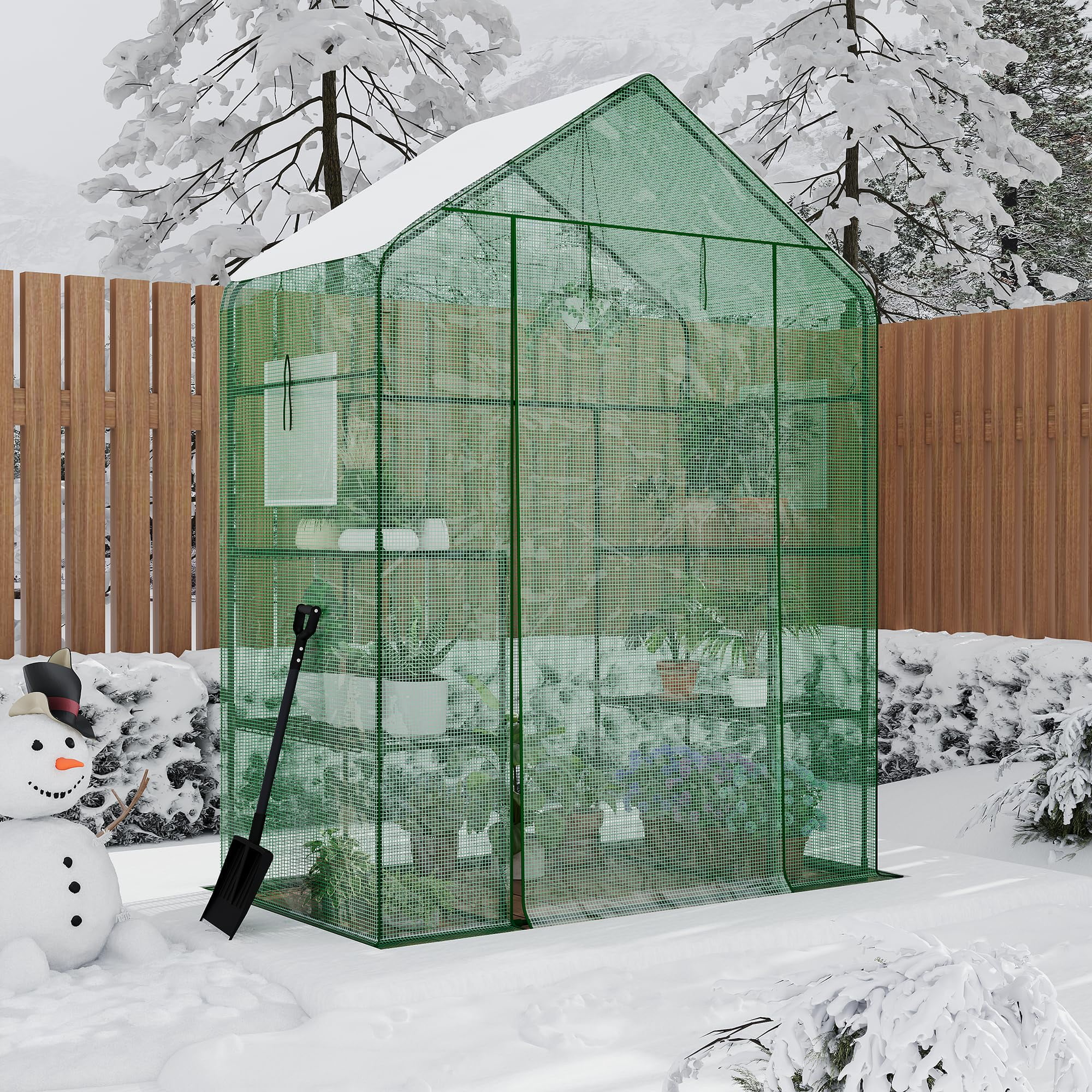 57x29x77-Inch Mini Walk-in Greenhouse, Transparent PE Cover with Anchor, 3-Tier Design, 4 Shelves for Indoor and Outdoor Planting