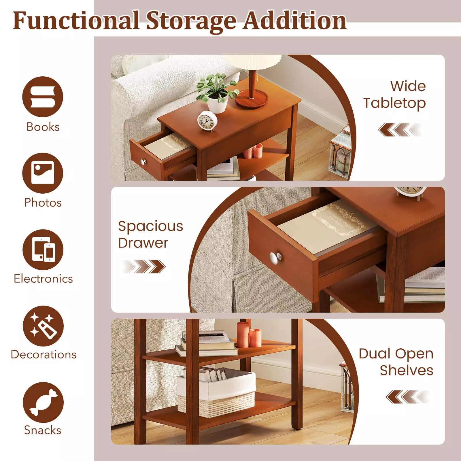 Auranook Set of 2 Narrow End Tables w/Drawer Shelves & Rubber Wood Legs Sofa Side Table