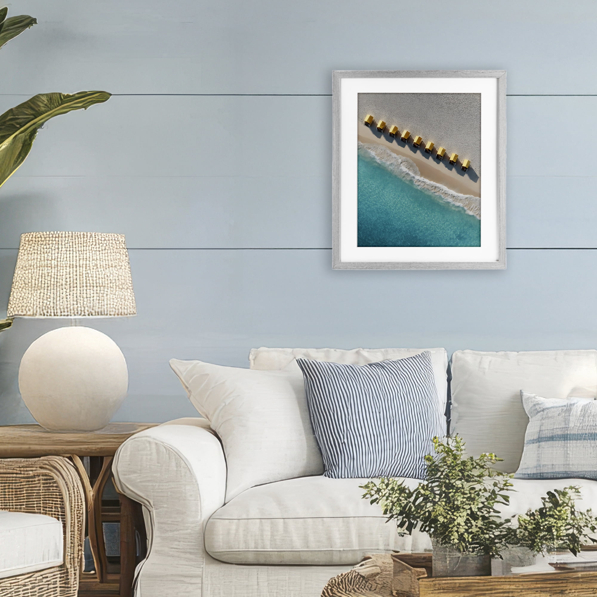 Stupell Industries Yellow Cabanas Along Shore Gray Framed Print Under Glass, design by Franklyn Gregory